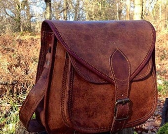 Hand Made Leather Handbag Satchel Tan Portfolio Messenger Real Leather Saddle Bag Tablet