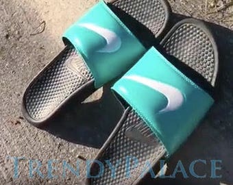 Nike Slides-Custom Nike Slides-Tiffany Blue-Custom Slides-Nike Slippers-Women Slippers Custom Nike Flop-Slides-Tiffany Blue Shoes
