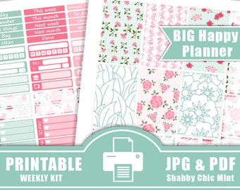 50% SALE 2017 BIG Happy Planner Stickers Printable,Large Happy Planner Stickers,Happy Planner Stickers, Shabby Chic Mint