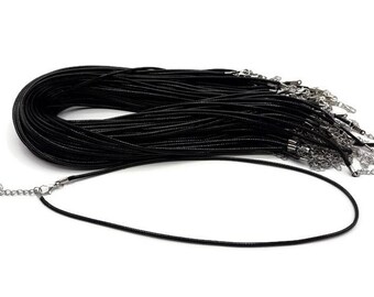 10 necklaces waxed cotton cord 2 mm black - Black waxed cotton neck circumference - A144