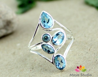swiss blue topaz ring, swiss topaz jewellery, sky blue ring, multi cut ring, swiss blue silver ring, gift for her, 3.6 gm all ring sizes