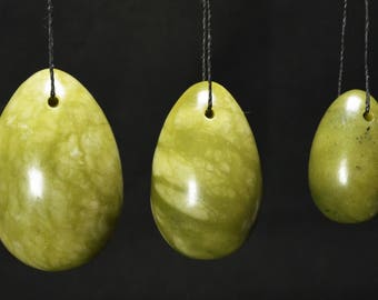 Hand Carved Green Jade Stone Yoni Eggs/one set of Three or three size to choose(L/M/S)-drilled