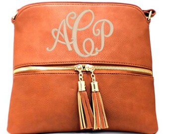 Camel tassel cross body hipster bag Monogrammed purse