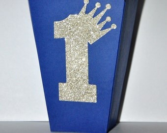 Royal Prince First Birthday Party Favor Box for Popcorn or Candy, Royal Blue & Gold Little Prince Crown