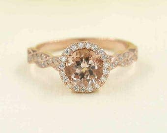 14K Rose Gold Engagement Ring.7mm AAA Natural Round Morganite Engagement Set.F G - VS High Quality Diamonds. 14k Rose Gold Engagement Ring
