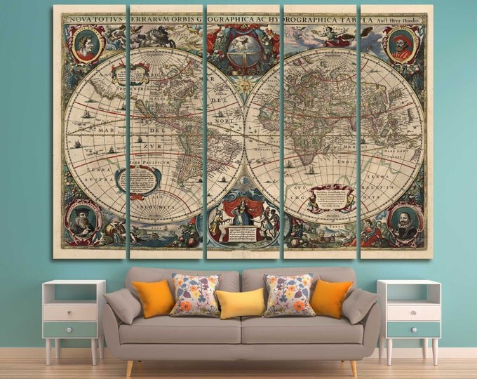 Vintage 1641 World Map Canvas Art, Old World Map, Vintage Wall Art, Double Hemisphere Map, Vintage World Map Print, Antique World Map