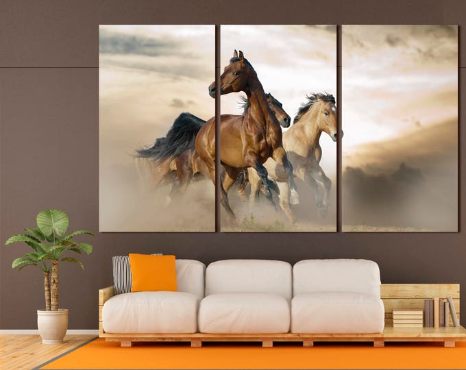 3 horses painting modern kids wall art decor on canvas, large horse wall art modern canvas print set of 3 or 5 panels for room decor