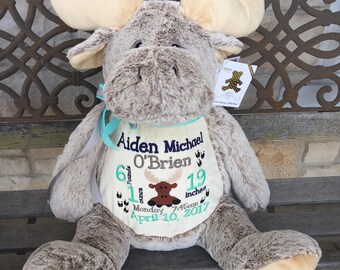 Jumbo Moose, Personalized stuffed Moose, baby gift, Birth Announcement, Subway Art, Personalized Adoption Gift, Custom Moose, Monogram