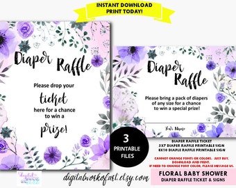 Floral Diaper Raffle Card Printable Set, Baby Shower Raffle Sign, Ticket, Diaper Raffle Sign, PDF Raffle Ticket, PDF Instant Download Purple