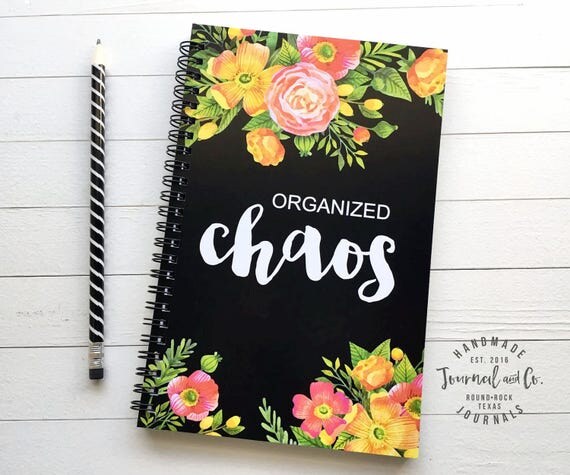 Writing journal, spiral notebook, bullet journal, cute journal, diary, sketchbook, black, floral, blank lined grid - Organized chaos