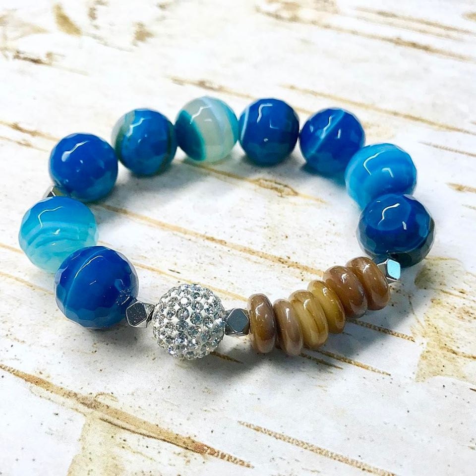 Fancy Caspian Sea Agate beaded bracelet with pave bead