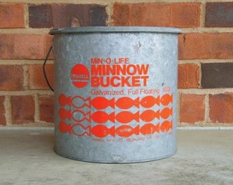 Min-O-Life Galvanized Minnow Bucket - 1970s Vintage - Frabill of Milwaukee WI - Full Floating 10qt Bucket - Vintage Fishing - in VG cond