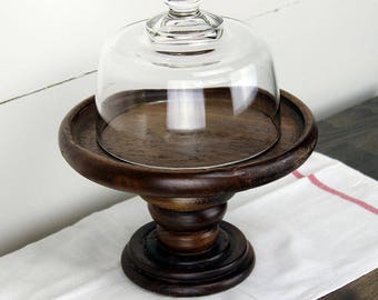 Vintage Wooden Cake Stand & Glass Cloche, Bell Jar, Kitchen Decor, Bakery Display, Cupcake Stand, Cupcake Pedestal, Pedestal Cake Stand,