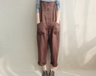 Women Casual Linen Jumpsuits Overalls Pants With Pockets Linen Trousers Harem Pants