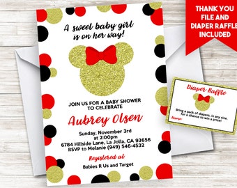 Red Minnie Mouse Inspired Baby Shower Invitation Invite Polka Dots Gold Glitter 5x7 Digital Personalized