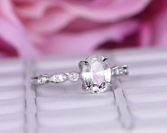 5x7mm White sapphire Engagement ring/diamond in 14k white gold band/Art deco marquise ring/Bridal wedding ring/Retro vintage ring/Claw Prong