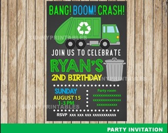 Garbage Truck Chalkboard invitation; Chalkboard Garbage Truck Birthday invitation, Garbage Truck party Invitation Digital File
