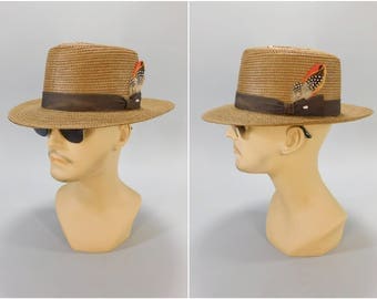 Vintage 1940s 1950s Panama Hat / 40s Leone Capelli Brown Straw Hat / 1950s Summer Hat / Ribbon Band / Size 7 Euro 55.9