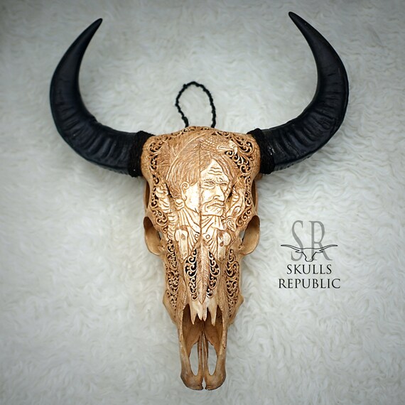 Carved Long Horn Cow Skull Skull Carving Taxidermy Cow Skull