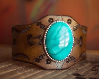 Native American Turquoise Bracelet, Boho Leather Bracelet, Turquoise Cuff, Bohemian Bracelet, Southwest Leather Bracelet, Southwestern