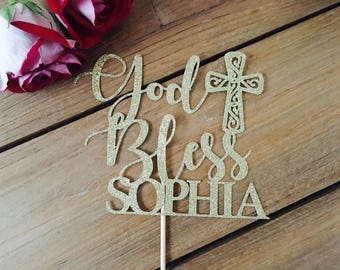 Baptism cake topper, god bless cake topper, cross cake topper, baptism girl cake topper, baptism decorations, gold cake topper