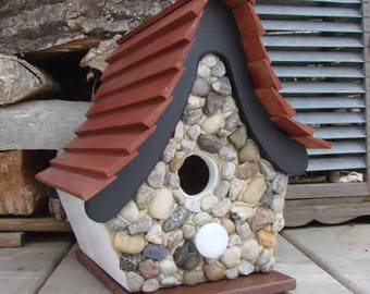 Funky Stone Bird House, Wooden Birdhouse, Painted Birdhouse, Outdoor Birdhouse, Stone Birdhouse