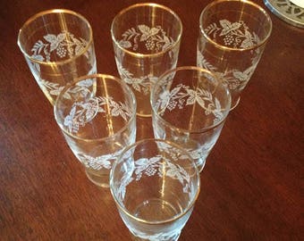 Vintage Bartlett-Collins Frosted Grapevine Gold Rimmed Glasses Set of 6