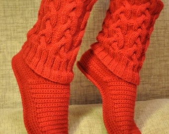 Slippers, Knit Slippers, Knitted Slippers, Custom Order, Soft Wool Cable Knit Slippers, Knit Cable Slipper Boots, Cable Slippers