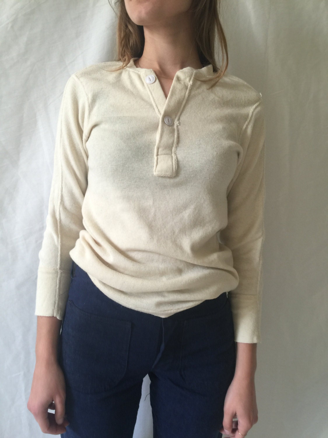 Vintage Cream Henley / 70s off white henley / cream thermal