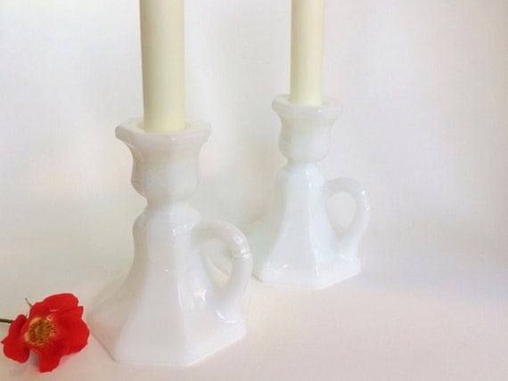 Vintage Milk Glass Candle Holder pair 1950s