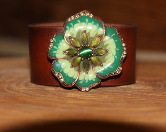 Leather Cuff Bracelet, Vintage Brooch Bracelet, Cuff, Leather Bracelet, Vintage Bracelet