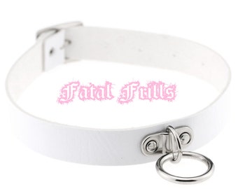 White Leather O Ring Choker O-Ring Collar Fetish Kawaii Punk Bondage 90s Slave Adjustable Necklace Vegan