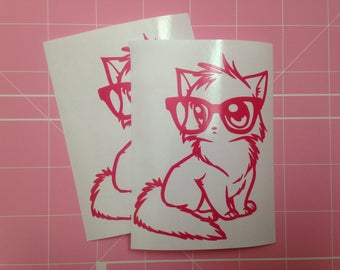 Nerdy Kitty vinyl decal, Nerdy Anime Cat decal, kitten sticker, nerd kitten laptop decal, nerd kitty car decal, gifts under 5, cute kitty