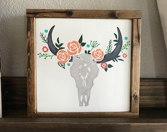 Cow Skull with Flowers Wood sign