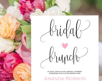 Bridal Brunch Invitation Black and White Blus Pink Heart Print on Kraft - Bridal Brunch Invites Printable Downloadable Wedding #WDH875732