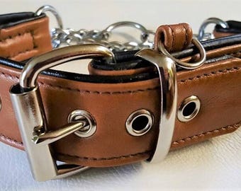 Tan Brown on Black leather Martingale dog collar with ID tag loop