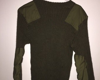 Vintage Wool Military Sweater, Dark Green Wool Sweater with Elbow & Shoulder Patches