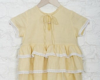 Linen baby Dress white & pink flowers  047-21259