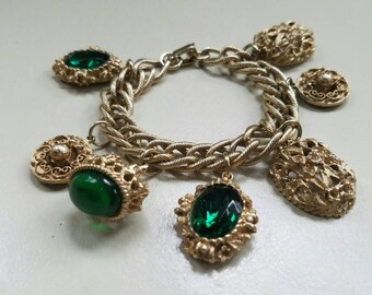 Green with Envy! Etruscan Style Gold Tone Charm Bracelet.