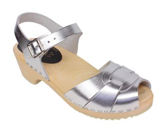 Swedish Clogs Low Heel Peep Toe Silver Leather by Lotta from Stockholm / Wooden Clogs / Wedding / Flat / Open / Sweden / Bridal / Handmade
