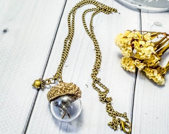 Acorn Glass necklace Dandeion Nature jewelry Oak necklace Unusual jewelry Eco friendly Wish necklace Botanical jewelry Wildflower Ball Oak