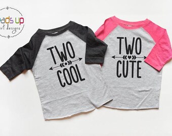 Twin 2nd Birthday Shirts Boy/Girl - Second Bday Tees Raglan Twins - Two Cute/Two Cool Twins Shirts - Toddler Twin Two Birthday Trendy - Gift