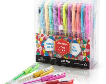 Amazing Gel Pens for Adult Coloring Books by Amerigo - Set of 48 Assorted Colors Includes Glitter, Metallic, Pastel, Neon Gel Pens