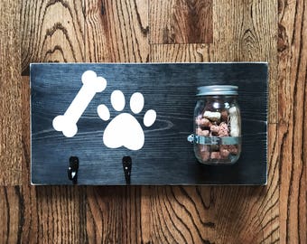 Dog leash holder, dog leash hanger, dog leash and treat holder, dog leash hook, dog sign, dog sign for a home, dog treat jar