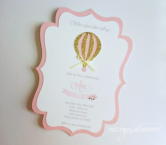 Items similar to Hot Air Balloon invitation, pink and gold Air balloon ...