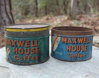 Vintage Maxwell House Coffee Cans - Set of 2 - Coffee Tins - Farm Finds - Antique - Rustic Kitchen Decor - Old Advertising