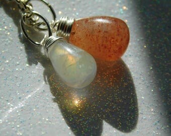 Sunstone Moonstone Necklace * Delicate Gemstone Necklace * Rainbow Moonstone * Sunstone Moonstone Wire Wrapped * Dainty Gemstone Jewelry