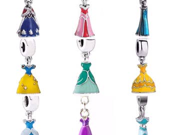 Disney Princesses Dress Bead Dangle for Floating Charm Living Locket, European Bead Bracelet or to Put on Any Chain Elsa, Anna, Belle, Ariel