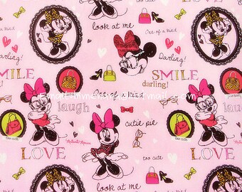 mi913 - 1 Yard SDLP Cotton Woven Fabric - Cartoon Characters, Minnie Mouse and Glasses - Pink (W140)