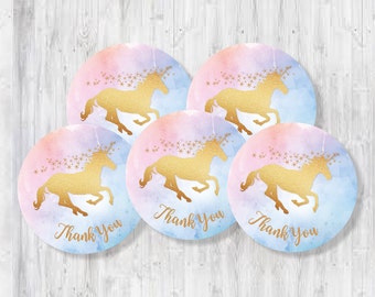Unicorn Party Thank You Circles, Gold Sparkle Unicorn, Magical Unicorn Party Favour Toppers